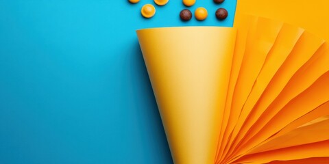 Poster - Vibrant Color Pop Party Centerpiece Playful Yellow Cone with Chocolate and Orange Candies - Modern Minimalist Event Design for Creative Celebrations