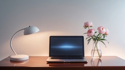 Poster - Modern workspace featuring a laptop, decorative flowers, and a stylish lamp during the day