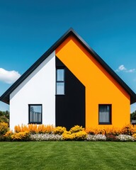 Poster - Bold Color-Block Modern Suburban Home Innovative Architectural Design with Vibrant Yellow and White Exterior, Sustainable Landscape Integration