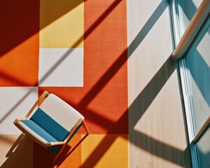 Poster - Retro Modernist Lounge Design Geometric Color-Block Interior with Mid-Century Chair - Innovative Workspace Styling for Creative Professionals