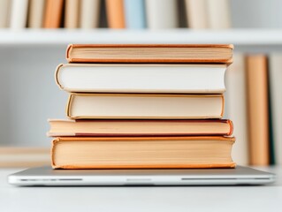 Poster - Minimalist Knowledge Hub Modern Learning Landscape with Soft-Toned Books and Sleek Laptop - Digital Education Transformation for Remote Productivity