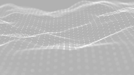 Poster - Dynamic wave with connected dots and lines on a white background. Digital particles wave, dots, and lines big data concept. Abstract background. Semless loop 4k. 3D rendering.