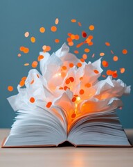 Poster - Immersive Digital Storytelling Luminous Open Book with Ethereal Orange Particle Burst - Creative Imagination, Knowledge Visualization and Innovative Learning Experience