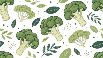 Aufkleber - Seamless pattern featuring hand drawn broccoli and leaves in various shades of green on white background, creating fresh and organic feel