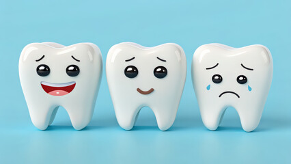 Fototapete - Three cartoon teeth with different facial expressions, including happy, neutral, and sad, are set against blue background