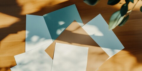 Aufkleber - Minimalist Business Strategy Soft-Toned Paper Documents in Dynamic Geometric Layout with Natural Lighting - Creative Workspace Productivity Visualization