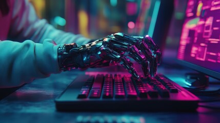 Poster - A hacker in a neon-lit room typing rapidly with an advanced 3D cybernetic prosthetic arm integrated with neural control.
