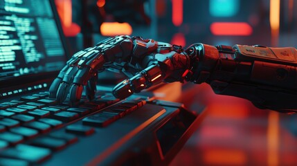 Poster - A hacker in a neon-lit room typing rapidly with an advanced 3D cybernetic prosthetic arm integrated with neural control.