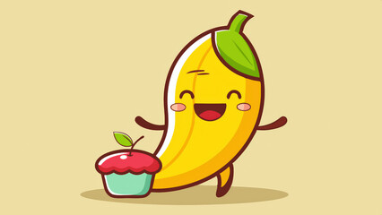 Aufkleber - cheerful cartoon banana character with leaf on its head joyfully stands next to cupcake with cherry 