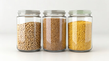 Poster - Three glass jars filled with different types of ancient grains are displayed against plain background, showcasing minimalist and organized presentation