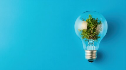 Poster - Eco-Innovation Concept Green Future Insights - Sustainable Design Lightbulb with Miniature Verdant Landscape Symbolizing Creative Environmental Solutions