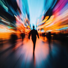 Poster - Dynamic Urban Motion Blurred Professional Silhouette Navigating High-Energy Corporate Landscape - Embodying Future of Work and Technological Acceleration