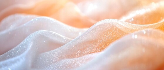 Poster - Soft Apricot Dreamscape, an ethereal blend of shimmering particles and gentle waves, featuring a grainy texture background and a luxurious bokeh effect, evoking tranquility and elegance.