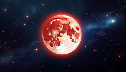 Wall Mural - Glowing red blood moon shines in dark night sky surrounded by faint stars.