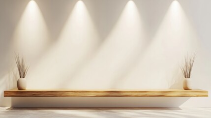 Aufkleber - Minimalist Zen Shelf Design Serene Architectural Mockup with Natural Wood Floating Platform and Soft Lighting - Contemporary Interior Styling Inspiration