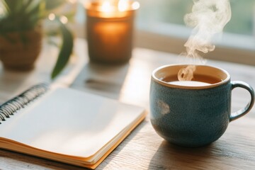 Aufkleber - Mindful Morning Ritual Serene Ceramic Mug with Steaming Tea, Soft Candlelight and Minimalist Workspace - Wellness Lifestyle for Digital Calm and Productivity