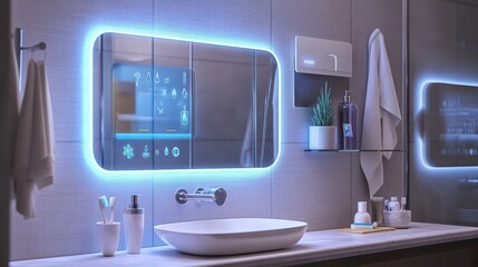 Poster - A high-tech bathroom mirror displaying a smart brushing timer and AI-powered feedback on oral hygiene.