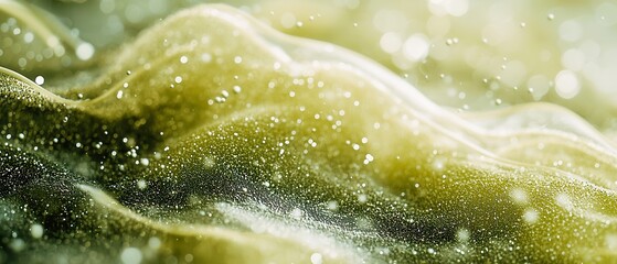 Poster - Elegant Abstract Waves, a captivating blend of muted olive and warm cream hues, shimmering particles create a soft bokeh effect, evoking a dreamy and atmospheric depth.