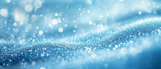 Poster - Ethereal Ice Blue Dreams, shimmering particles dance over a grainy texture background, gentle waves of soft gray glitter create an atmospheric, luxurious ambiance with delicate bokeh.