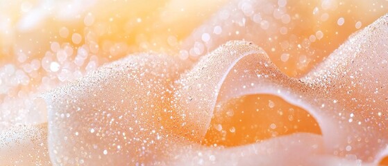 Poster - Elegant shimmer of soft peach and gold, textured waves of sparkling particles, atmospheric depth, luxurious lighting, dreamy bokeh, high-resolution visual experience.