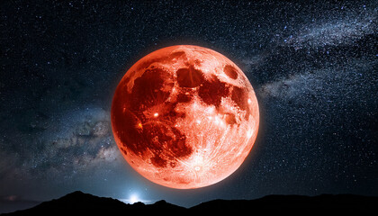 Wall Mural - Glowing red blood moon shines in dark night sky surrounded by faint stars.
