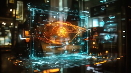 Poster - A holographic display powered by pulse technology, providing an immersive 3D experience as virtual objects interact with real-time environments.