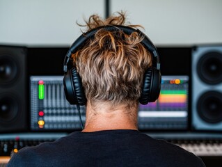 Leinwandbilder - Immersive Digital Audio Production Millennial Content Creator Workspace with High-Performance Studio Headphones and Professional Sound Mixing Technology