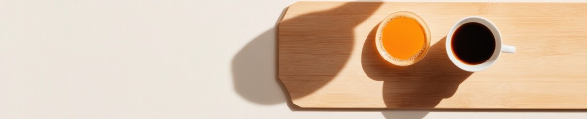 Aufkleber - Minimalist Digital Nomad Workspace Eco-Friendly Wooden Board with Vibrant Coffee and Artisan Mug - Productivity Essentials for Modern Creative Professionals