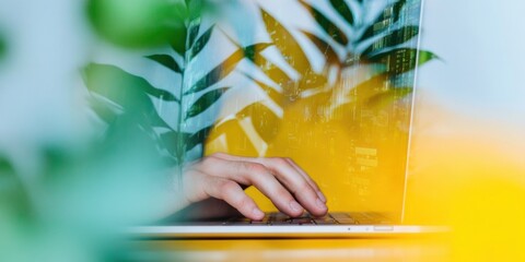 Aufkleber - Minimalist Digital Workspace Vibrant Yellow Keyboard with Blurred Tropical Leaves - Innovative Remote Work Aesthetic Blending Nature and Technology
