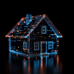Poster - Glowing Wireframe House Digital Rendering