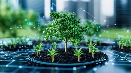 Poster - Lush Green Tree in Modern Cityscape with Digital Network