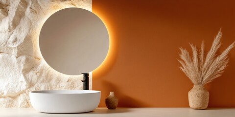 Poster - Wabi-Sabi Minimalist Bathroom Design Organic Terracotta and Textured Stone Wall with Circular Illuminated Mirror - Contemporary Wellness Sanctuary Aesthetic