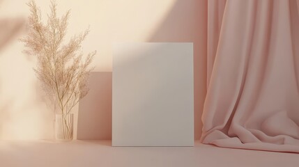 Poster - A minimalistic scene featuring a blank canvas, soft pink fabric, and dried plants, creating a serene and aesthetic atmosphere.