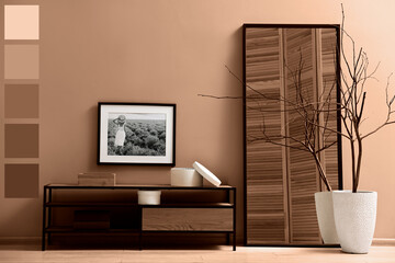 Poster - Stylish living room in mocha mousse shade with console table and decorative elements. Interior design with matching color palette