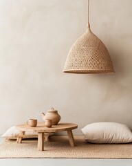 Aufkleber - Minimalist Zen Sanctuary Handwoven Natural Rattan Lamp and Artisanal Wooden Tea Set - Tranquil Scandinavian-Inspired Mindfulness Interior Design