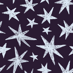 Aufkleber - Seamless star pattern. Starry night background, chalk and crayon textured drawing, endless design. Repeating printable print for modern trendy textile, fabric, wrapping. Flat vector illustration