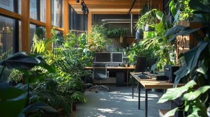 Poster - a modern workspace where air-purifying plants and natural light work in harmony to inspire creativit
