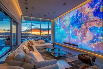 Poster - Living room with a large, interactive digital art wall that changes images and patterns.