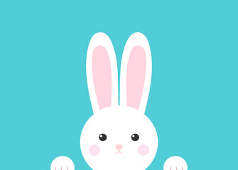 Wall Mural - easter bunny. cute white bunny on blue background. happy easter card. vector illustration.