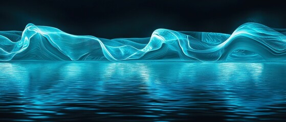 Poster - Electric Blue Aqua Ribbons, interweaving waves of vibrant blue and aqua create a sinuous pattern, reflecting on a calm dark surface, enhancing a futuristic atmosphere.