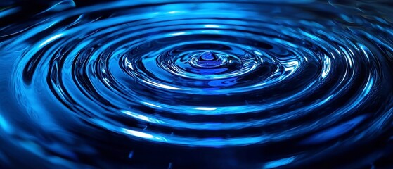 Poster - Concentric Ripples of Neon Blue, Vibrant royal blue rings expand in darkness, sharp at the center, fading into grainy noise, evoking a drop in a dark pool, luminous and captivating.