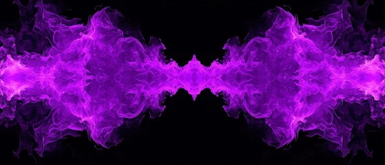 Poster - Neon Kaleidoscope Design, vibrant purple shapes radiate in symmetrical patterns, resembling an inkblot of light, with soft fuchsia clouds blending into a dark backdrop.