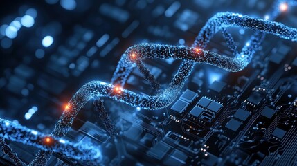 Poster - DNA strand over circuit board, representing genetic engineering and biotechnology.