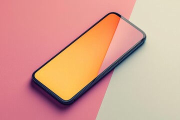 Aufkleber - A modern smartphone with a vibrant orange screen lying on a stylish two-tone background, creating a visually appealing abstract and colorful composition.