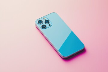 Poster - a stylish blue smartphone with a multi-lens camera system on a pink background, providing a modern a