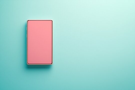 Stylish pink screen tablet computer on a turquoise background, minimalistic design and layout, top view, with ample space for text or graphics, flat lay design.