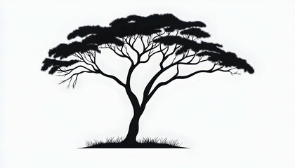 Silhouette of a majestic acacia tree against a white background
