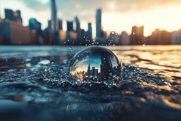 Poster - close up of liquid sphere reflecting bustling city skyline at sunset, creating mesmerizing visual effect with rippling water and warm glow