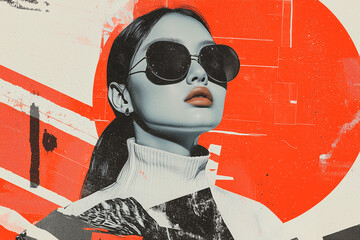 Aufkleber - woman in futuristic fashion with abstract elements, wearing large sunglasses and high neck top, stands against bold red and white geometric background. image exudes modern and artistic vibe