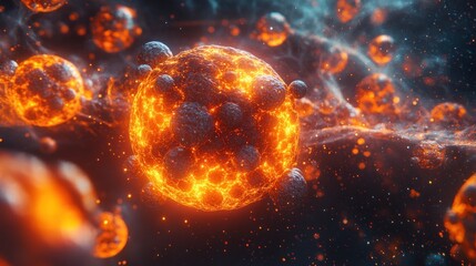 Poster - Fiery cosmic spheres and nebula in space.